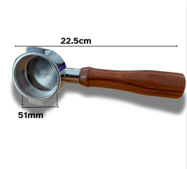 Coffee filter with wooden handle and metal basket, showing dimensions on a white background